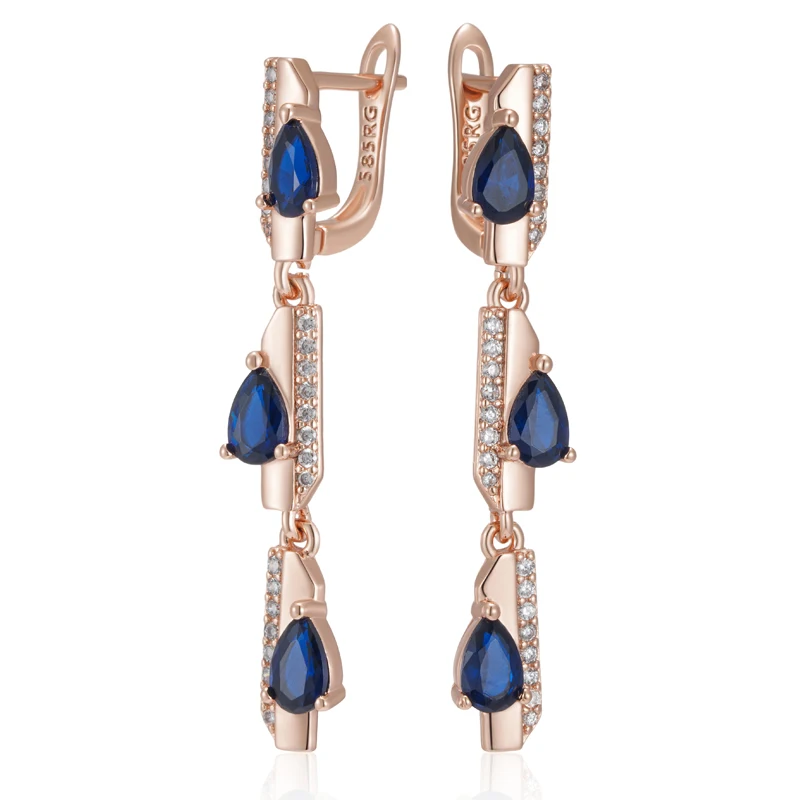 Kinel Full Blue Natural Zircon Geometry Long Dangle Earrings For Women Fashion 585 Rose Gold Color High Quality Daily Jewelry