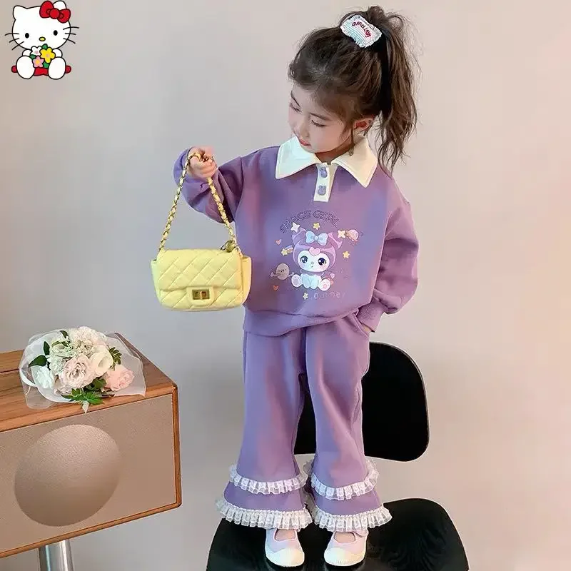 

Толстовка с лацканами Sanrio для девочек Kuromi, кружевные брюки, кавайная весенне-осенняя новая футболка с героями мультфильмов аниме, модная, приятная для кожи
