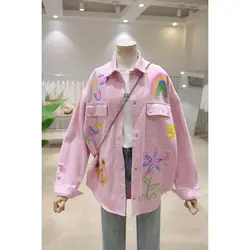 American style hand-painted bear graffiti printed pink denim jacket female autumn plus size loose fashion long casual jacket top