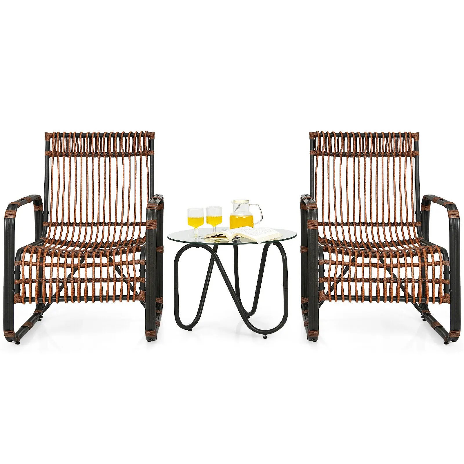 Patiojoy 3PCS Patio Rattan Furniture Set Conversational Sofa Coffee Table Garden HW64404