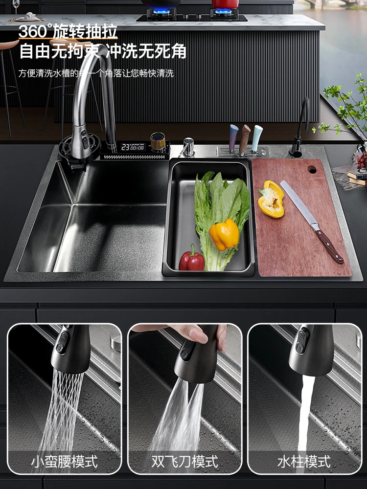 Kitchen 304 stainless steel large single-slot flying rain sink nano multi-functional dishwashing pool home