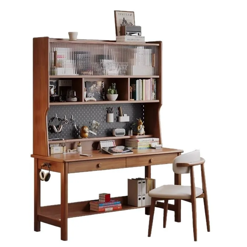 

Solid wood desk bookshelf integrated student home multi-functional hole board bookcase