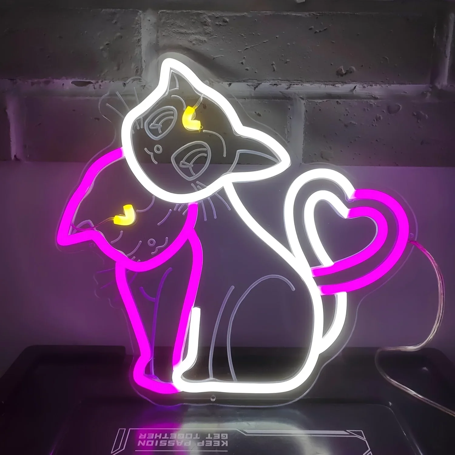 Cute Cat Couple Neon Sign LED Wall Art Heart Tail Kitty Love USB Powered Dimmable Light Home Bedroom Party Bar Shop Decor