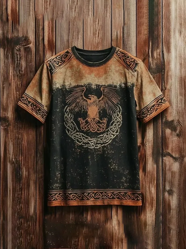 Neues Retro-Outdoor-Streetwear-Hemd für Herren, locker geschnitten, kurzärmelig, mit Tribal-Ethno-Symbol-Print, modisches Herren-T-Shirt – Detail 5