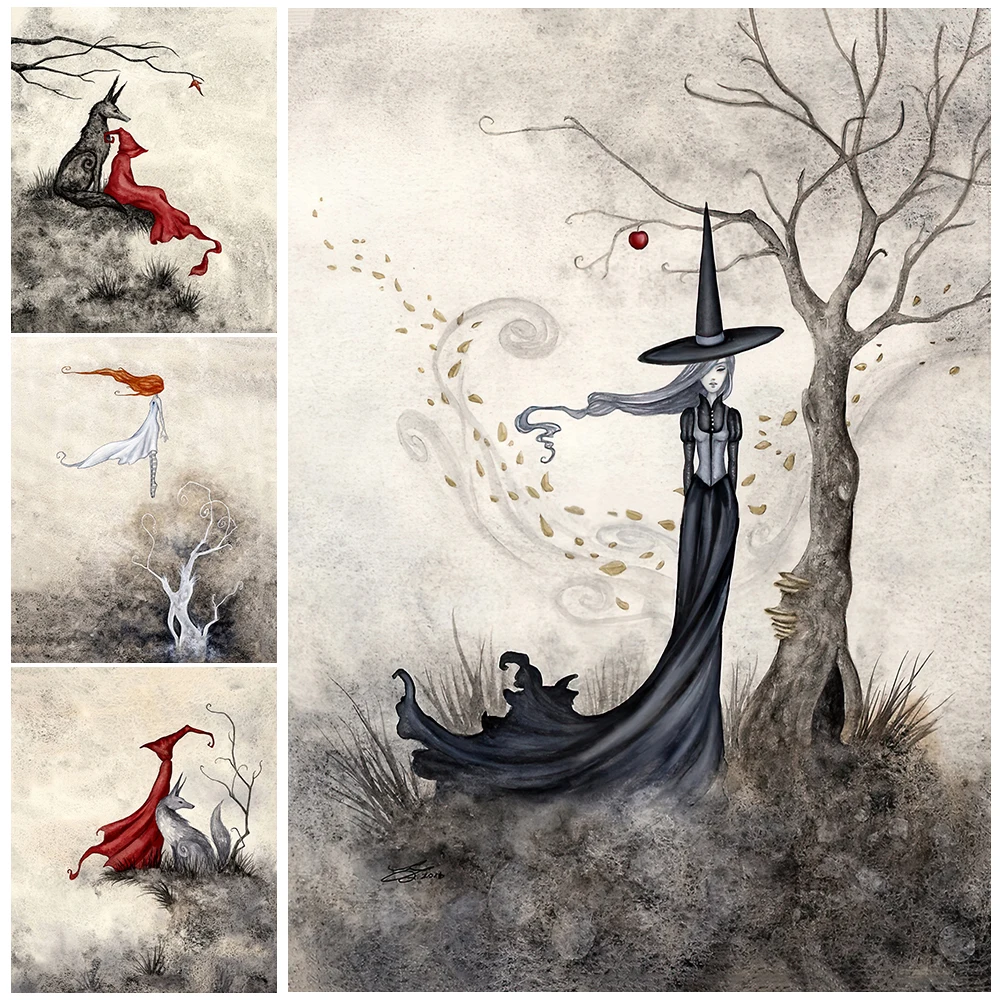 The Last Apple And Black Robed Witch Vintage Wall Art Canvas Painting Red Robed Witches Art Poster And Print Home Decor Unframed