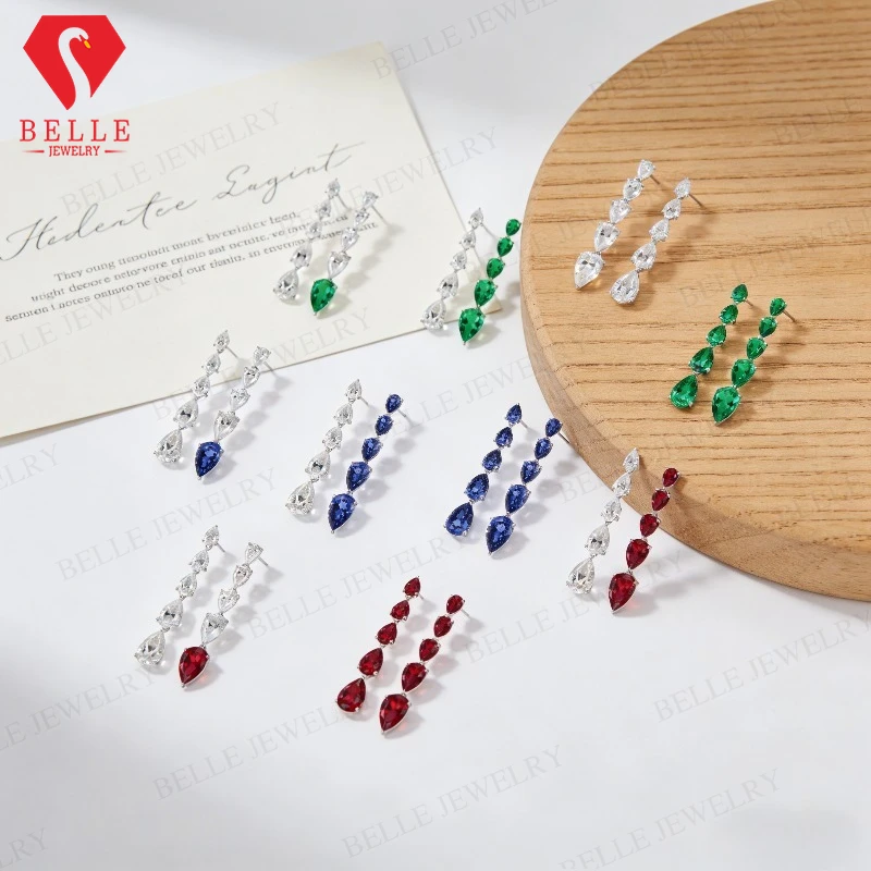 Moissanite Cultured Emerald Sapphire Ruby Earrings in D White Green Blue Red Colors Stone Colorful Fine Jewelry for Anniversary