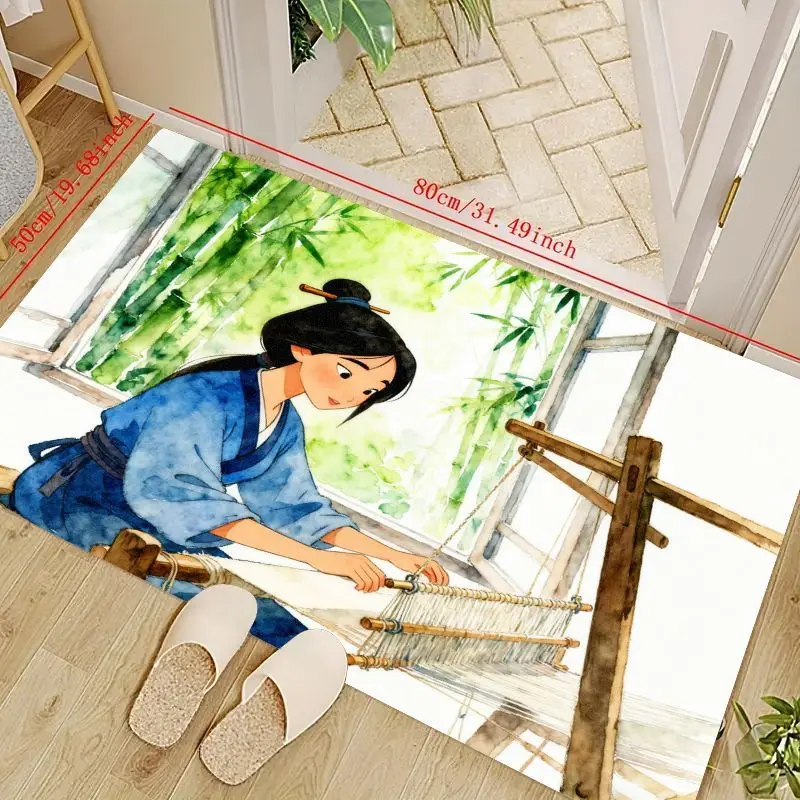 

1PC Serene Anime Girl Weaving Loom Doormat, Traditional Chinese Watercolor Art Floor Mat, Zen Bamboo Forest Scene Area Rug, Non-
