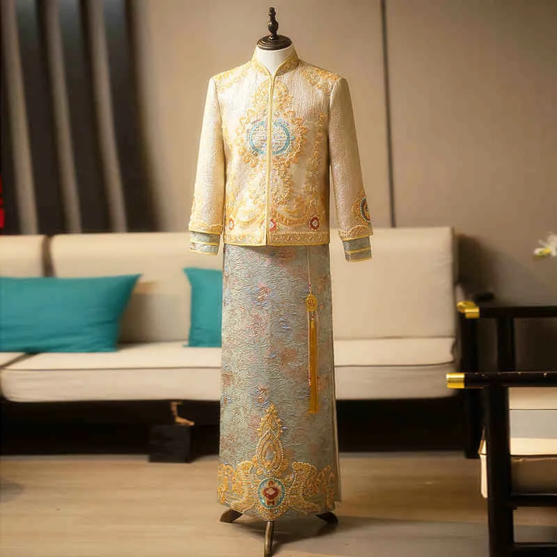 

Vintage Loose Cheongsam Traditional Xiuhe Dress Men's Groom Gold Blue Costume Chinese Wedding Retro Tang Gown Robe Oriental Mens