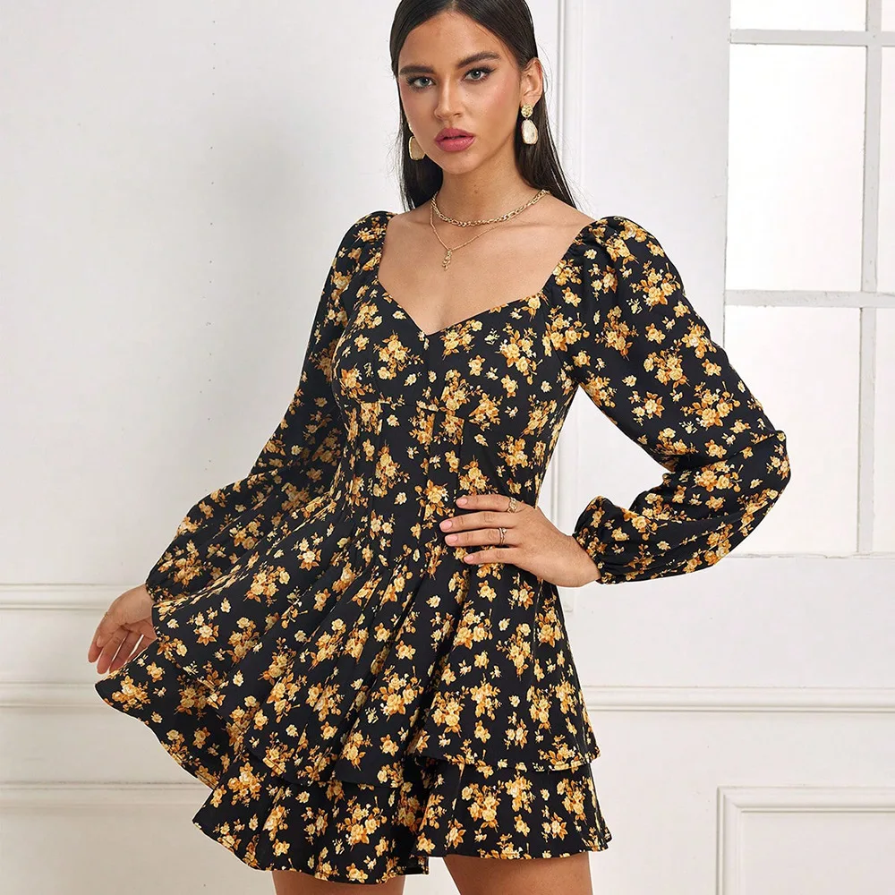 Primavera verão feminino floral impressão boêmio vestido elegante chique manga longa com decote em v espartilho vestido de férias em camadas plissado bolo vestido