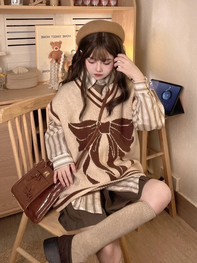 Autumn Korean Style 3 Piece Set Women Knitted Vest + Striped Blouse + Sweet Skirt Set France Vintage Party Mini Skirt Suit 2022