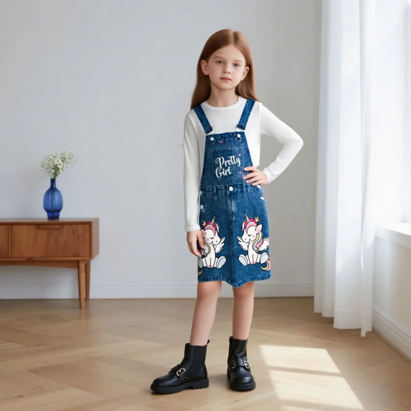 Girls' 2025 Fake Two-Piece Unicorn Print Fashion Imitation Denim Dress
