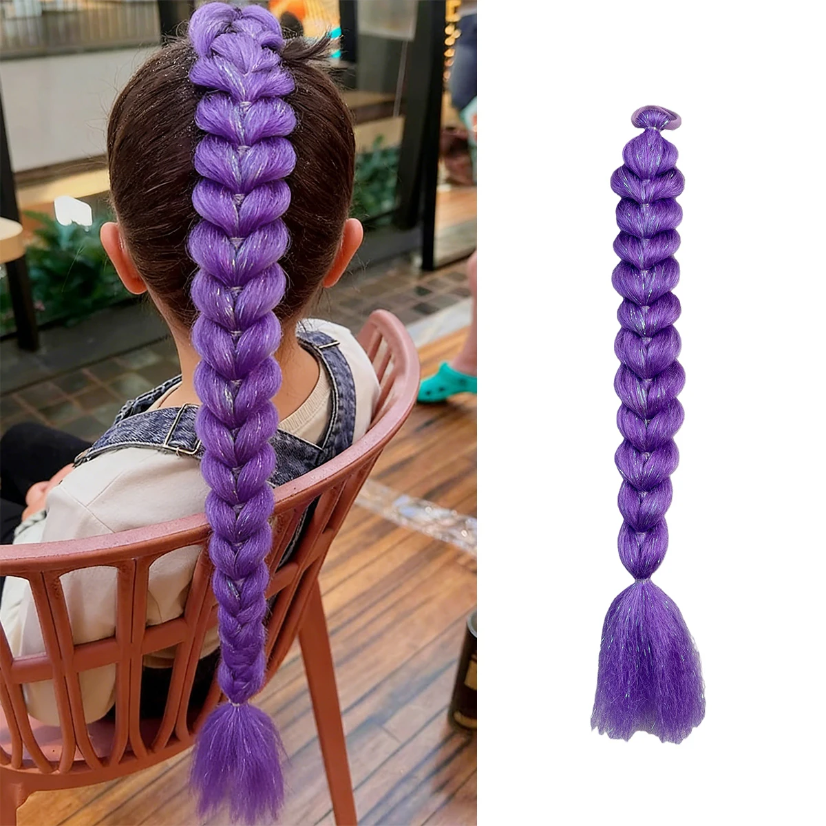 20Inch Purple Glitter Braided Ponytail Hair Extensions with Elastic Band, Synthetic Hair Braid for Kids Party Cosplay