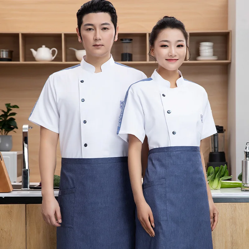 

Новая модель мужской униформы для поваров с коротким рукавом для кейтеринга, гостиничных кухонь, униформа для креативных поваров-барбекю, с коротким рукавом.