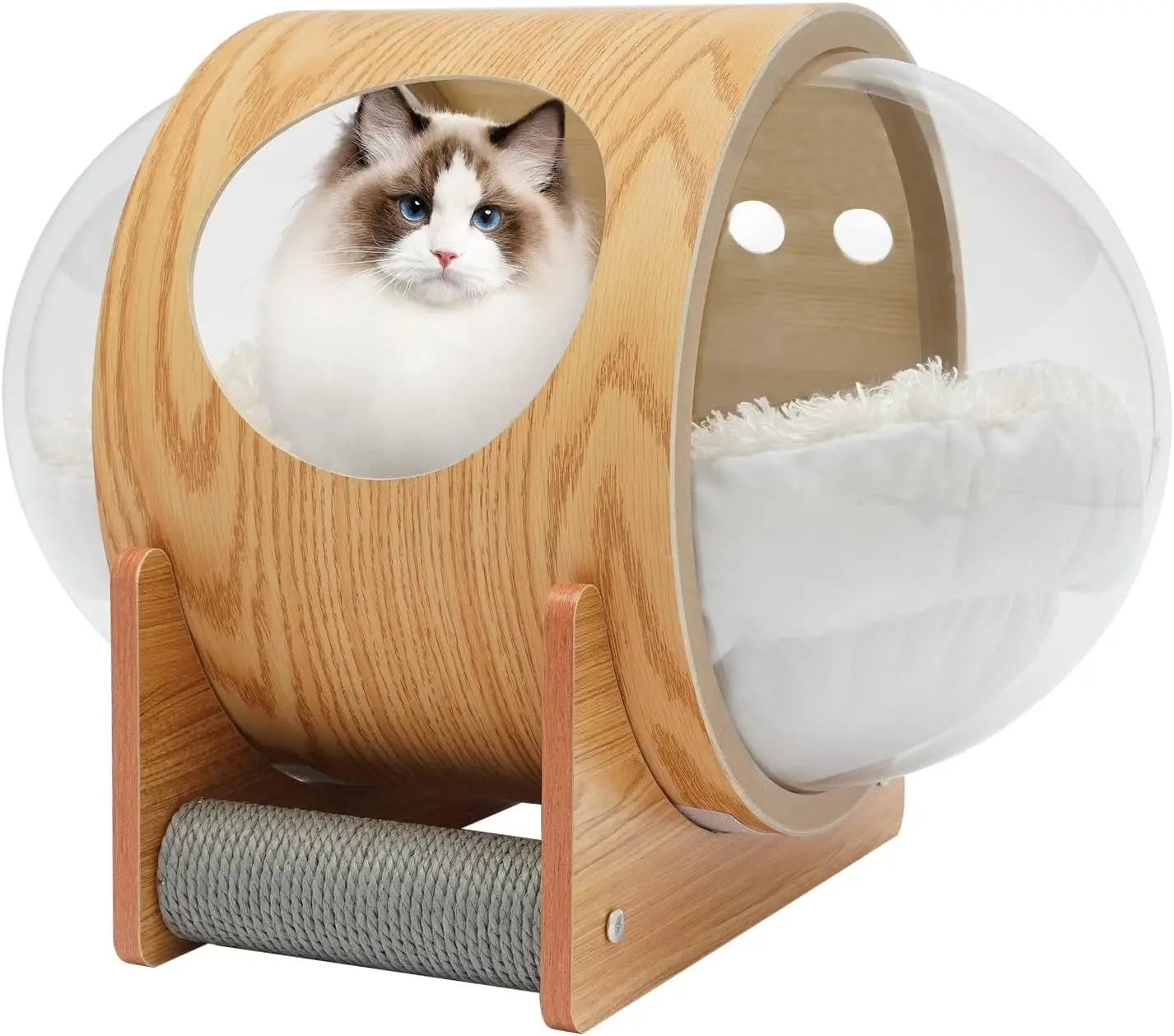 

Cat Bed Spaceship Wooden Pet Bed Space with Cushion Transparent Capsule Cat House Warm Cat Furniture