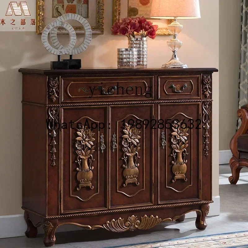 FZ solid wood shoe cabinet retro carved painted large capacity multi-functional storage cabinet foyer entrance locker