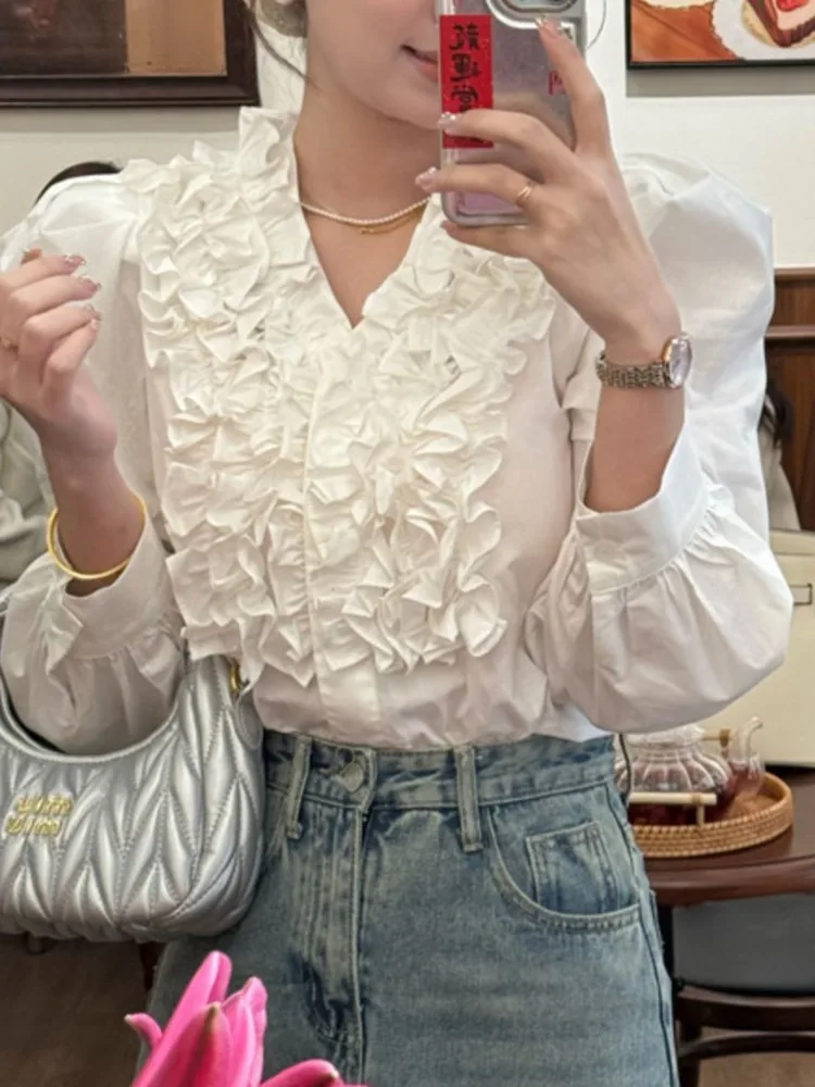 Autumn White Women Blouses Korean Temperament Lady Tops Camisas De Mujer Puff Sleeve V-neck Ruffles Fashion Sweet Blouse Shirts