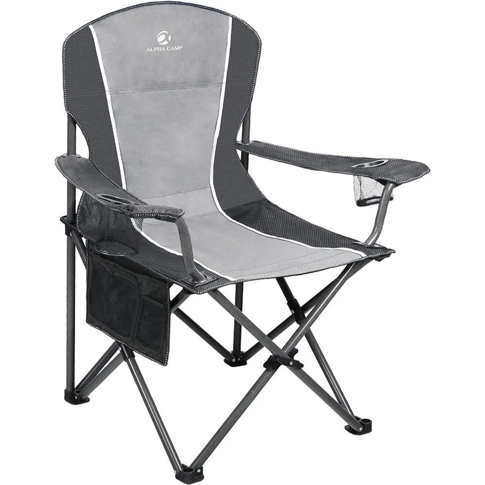 

Oversized Camping Folding Chair - Heavy Duty Steel Frame Support 350 LBS, Collapsible Padded Arm With Cup Holder, Quad Lumbar B