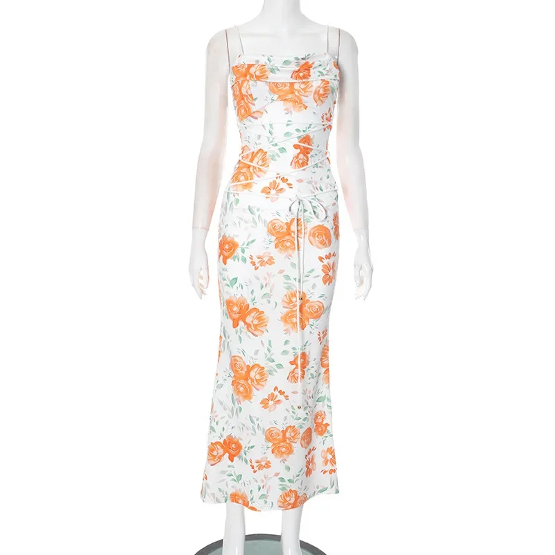 Vestido longo para mulheres moda feriados sem mangas sem costas impresso fino ajuste clube festa doce senhoras vestidos de tiras 2025 verão