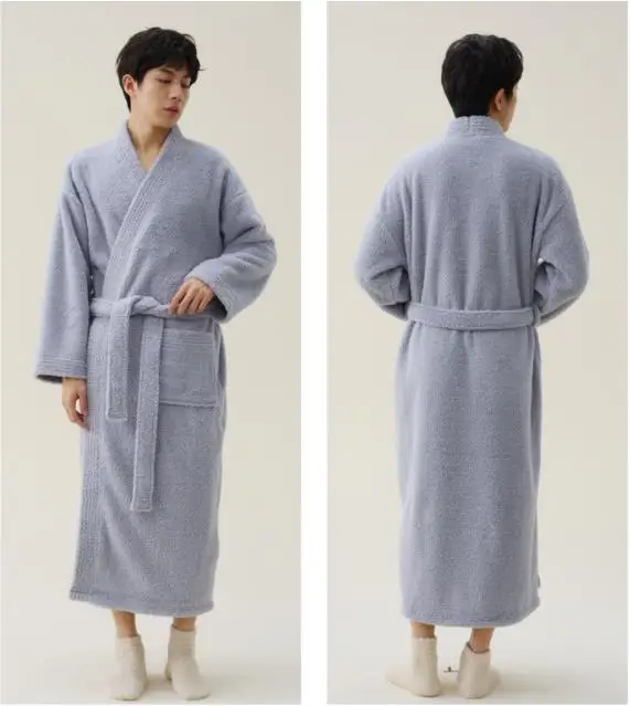 Couple's Thickened Flannel Pajamas Set Solid Color with Robe And Pants Cozy Lengthened Night Robe Home Comfort Sleepwear