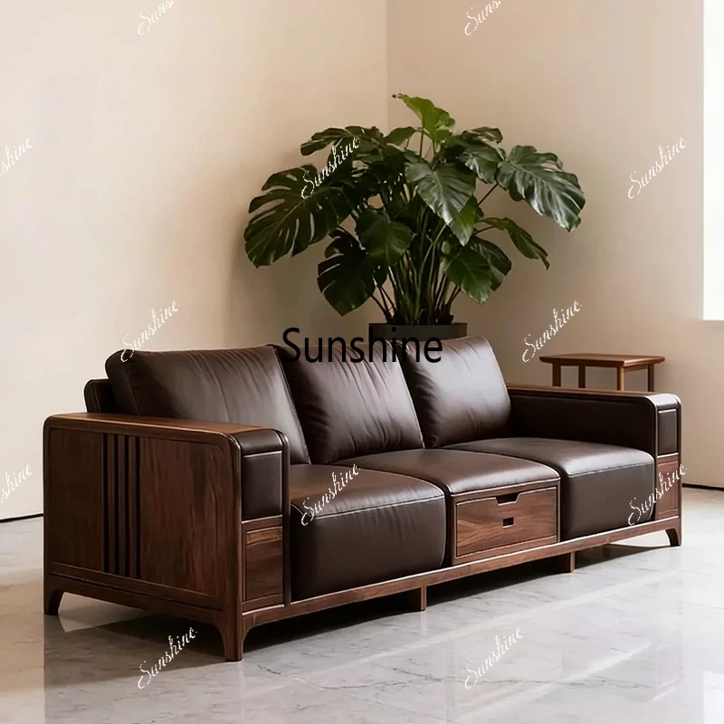 

New Chinese style, solid wood, three-person fabric home sofa living room furniture