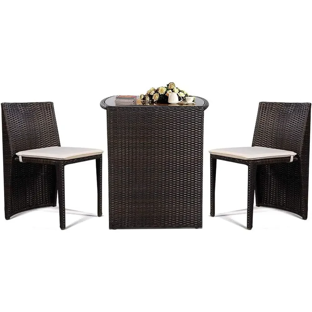3-Piece Rattan Patio Furniture Set with Glass Dining Table and Cushions for Outdoor Garden