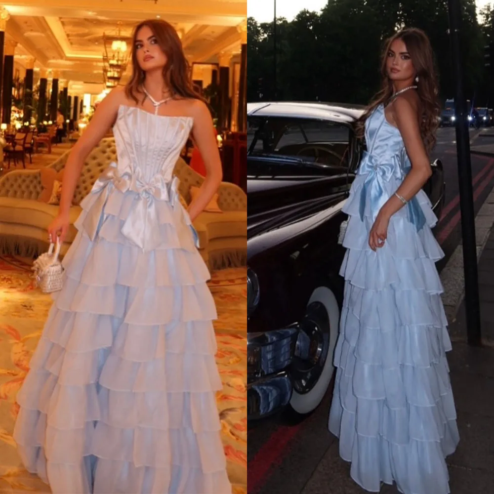 

High Quality Customized Sleeveless Floor Length Tiered Pleat Strapless Blue Long Dress Vestido De Festa De Casamento فساتين