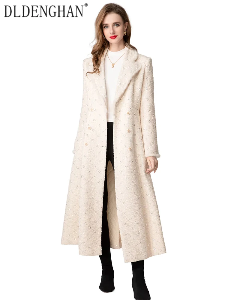 DLDENGHAN Autumn Double Breasted Sequin Beaded Tweed Coat For Women Feather Turn-Down Collar Long Sleeves High Street Outerwear