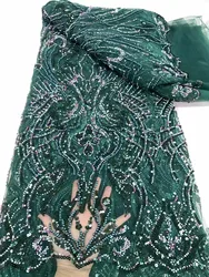 Green High Quality Fashion French Embroidery Beaded Lace Fabric African Nigerian Sequins Lace Fabric For Wedding Dress