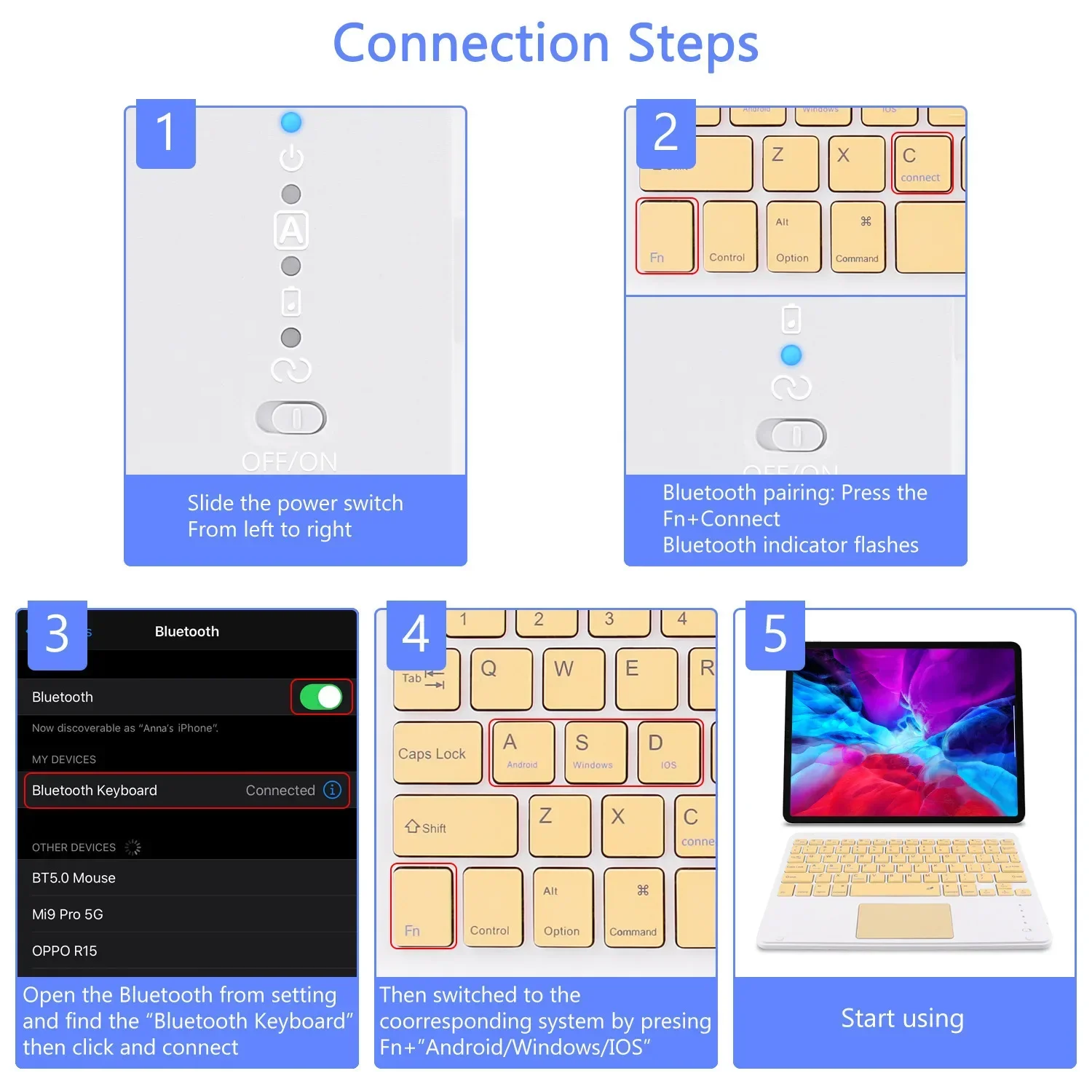 Teclado Recarregável Sem Fio, Compatível com Bluetooth, Espanhol, Hebraico, Coreano