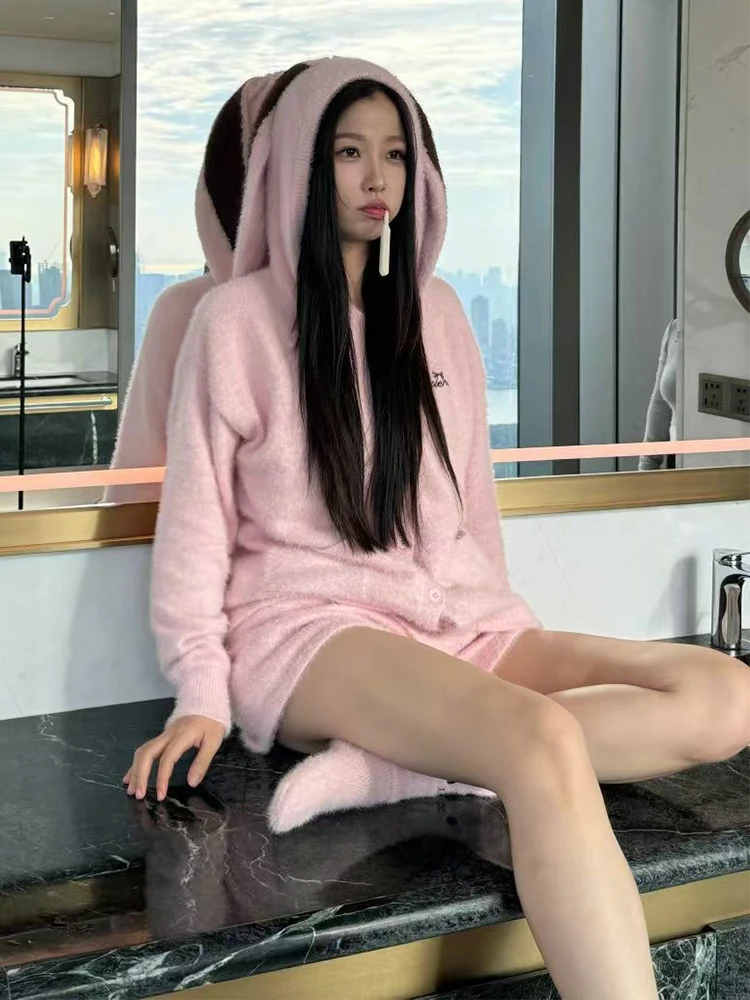 

Pink Rabbit Ear Soft Cozy Knitted Hat Women's Faion Casual Sle Mink Velvet Sweater Jaet Loose Fit Long Sve round Ne