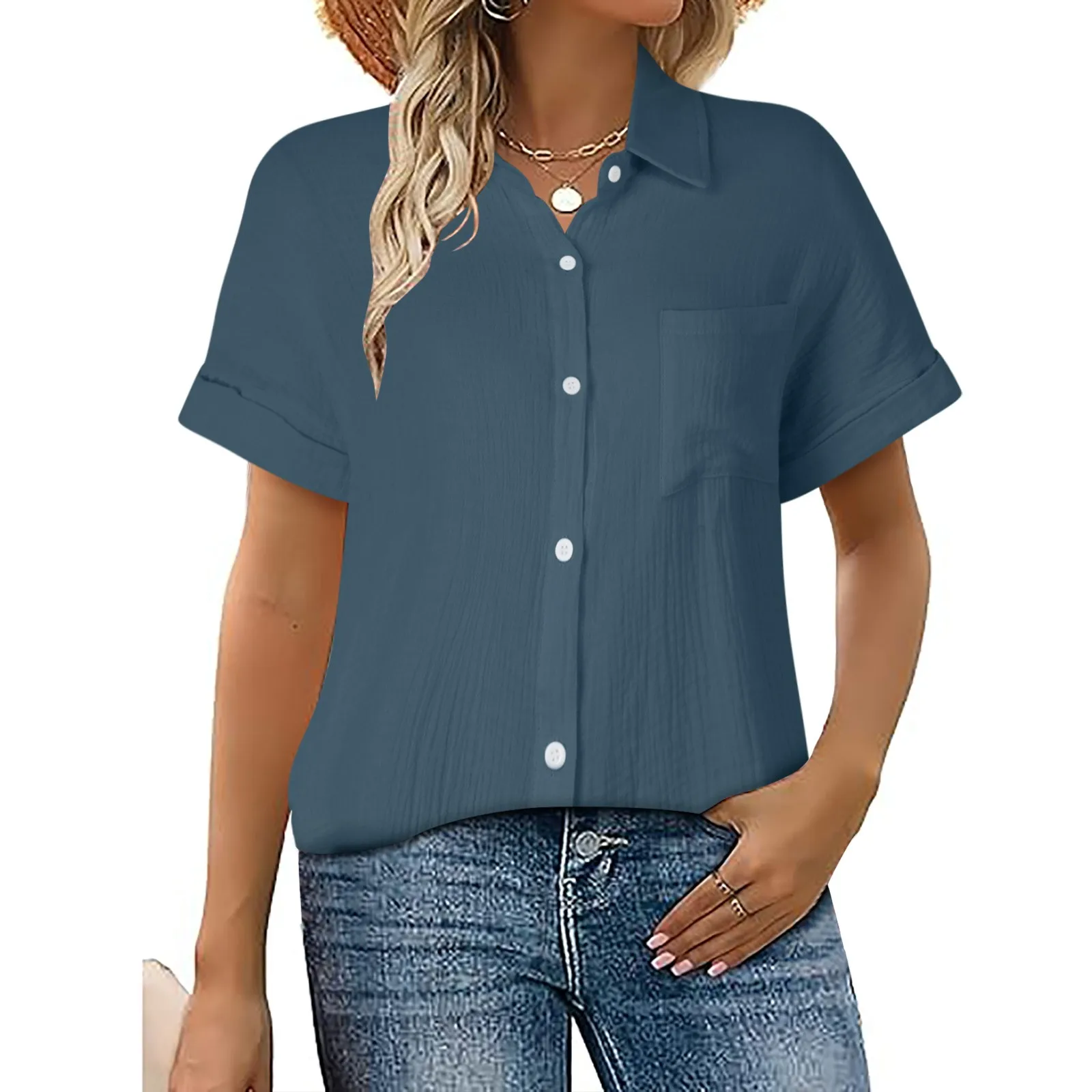 Camisa casual de botão manga curta feminina, blusa texturizada de trabalho, cardigã elegante, tops OL, verão