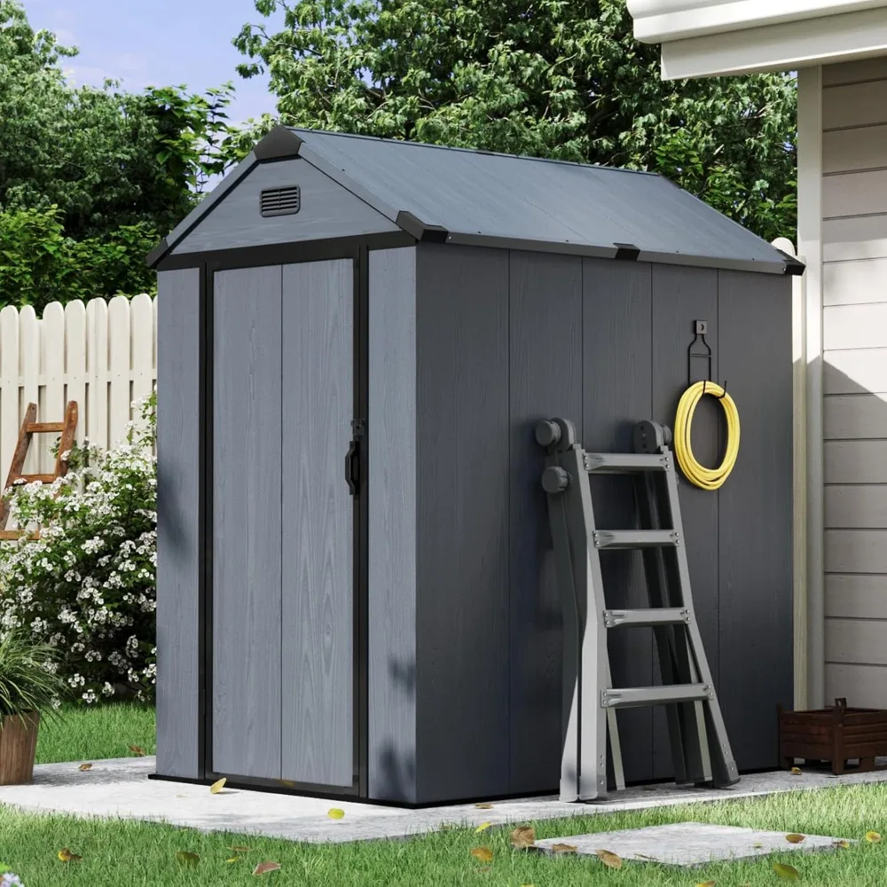 4x6 FT Resin Shed with Reinforced Floor, Outdoor Storage Shed, All-Weather Plastic Tool Storage with Lockable Door, Customized