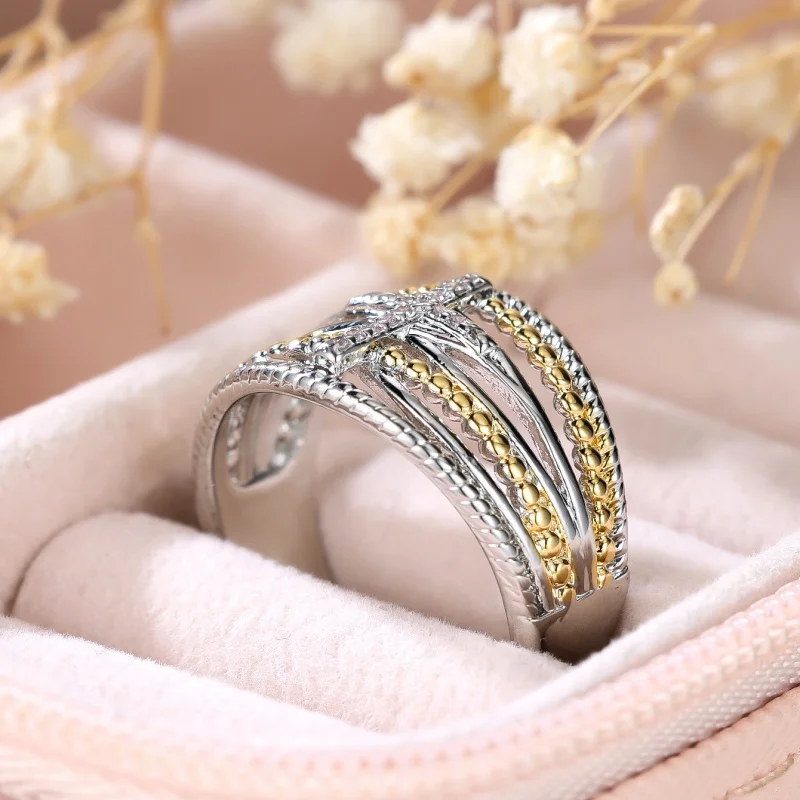 Two Tone Interwoven Hollow Cross Ring, Niche Full Diamond Bead Edge Ring, European and American Style Light Luxury Bracelet