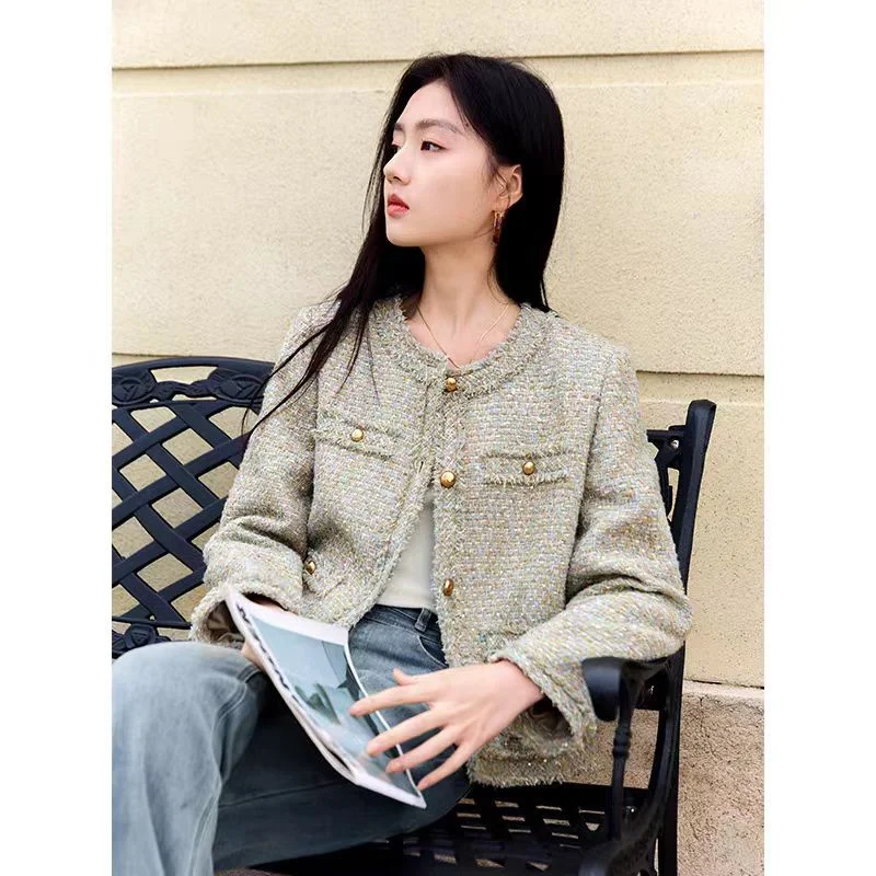 Women 2026 Autumn Round Neck Tweed Short Jacket Luxury Lady French Style Commute Elegant Outerwear