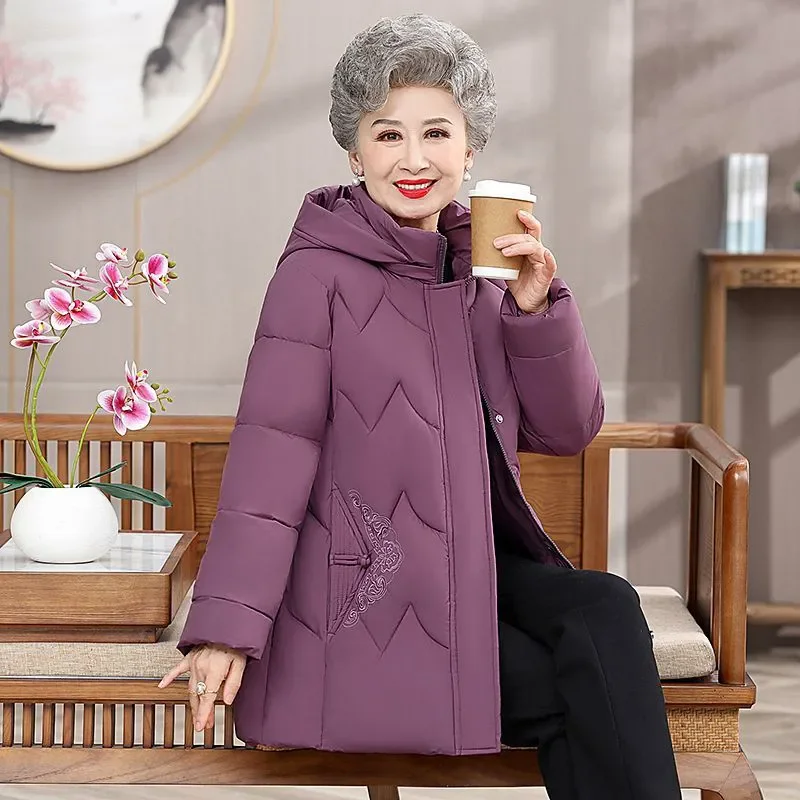 Giacca invernale in cotone della nonna Cappotto femminile Moda con cappuccio Spessa tuta sportiva calda in pile Fiori ricamati Parka da donna