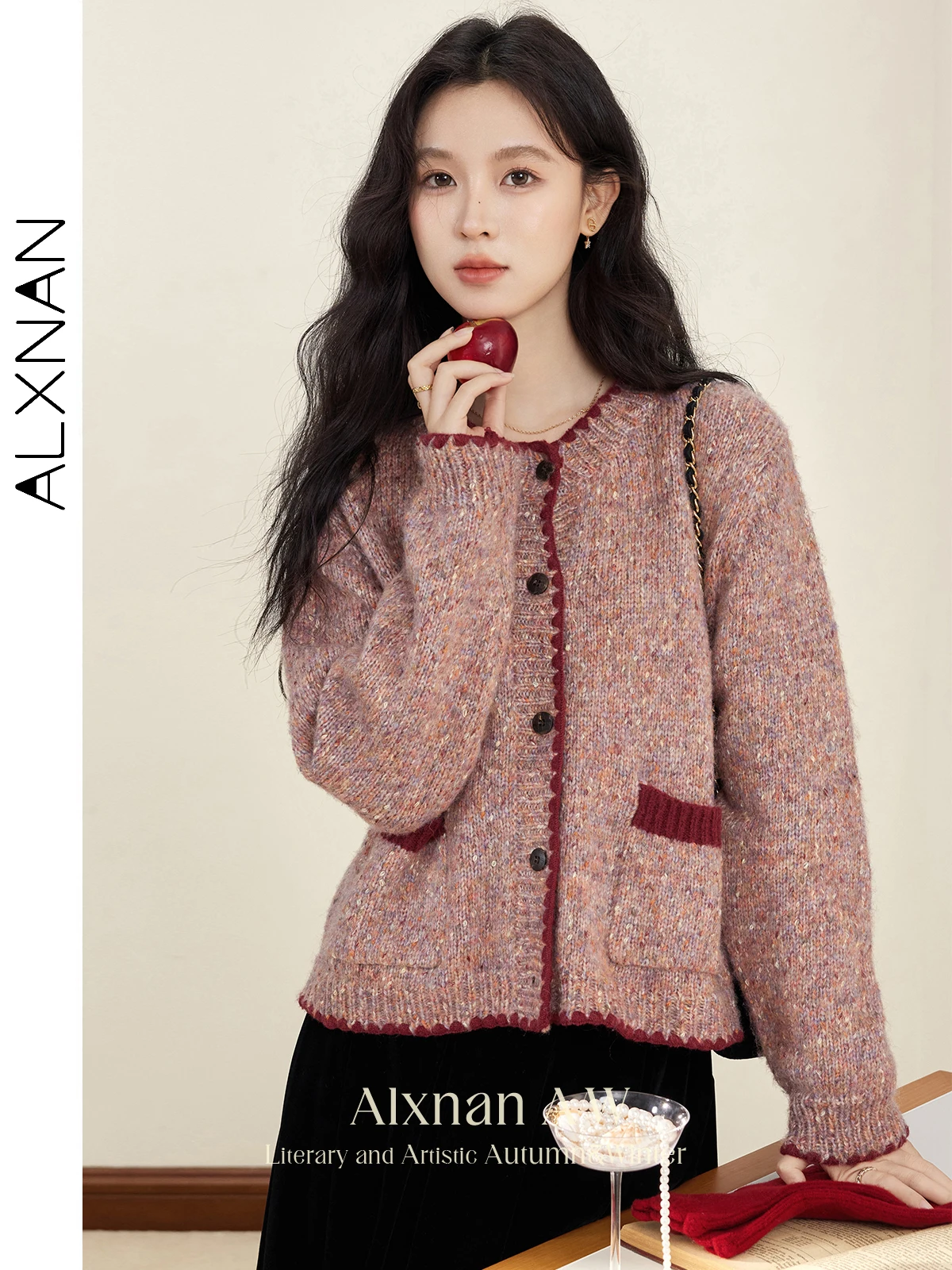 

ALXNAN Women's Rose Pink Cardigans 2024 Fall Winter New Round Collar Wood Buttons Shell Embroidery Warm Knitted Sweaters L51307