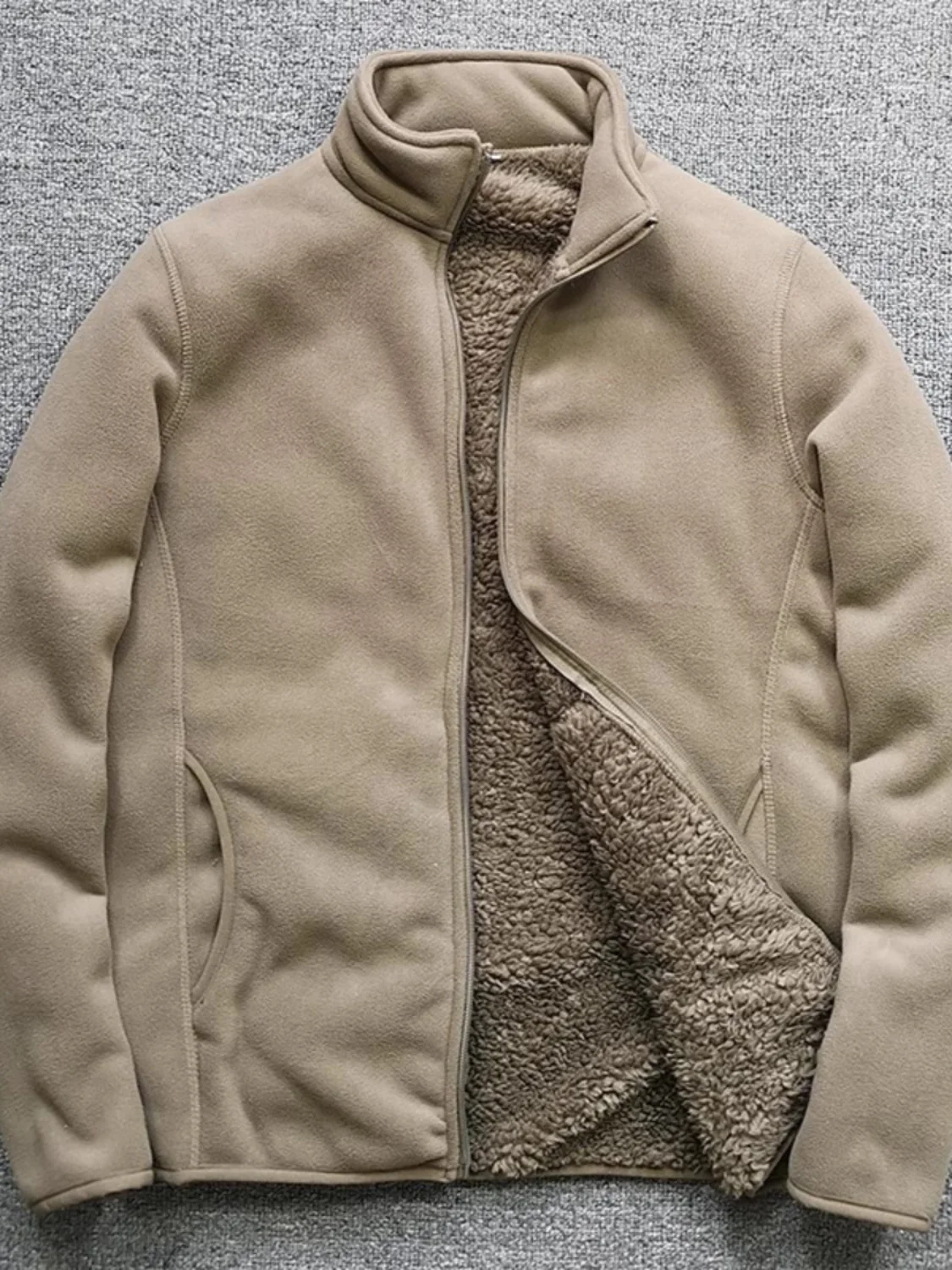 

Thiened Double Layer Cosite Velvet Autumn Winter Lamb Fce plus Fine Particle Fce Warm Stand Collar Jaet for Men