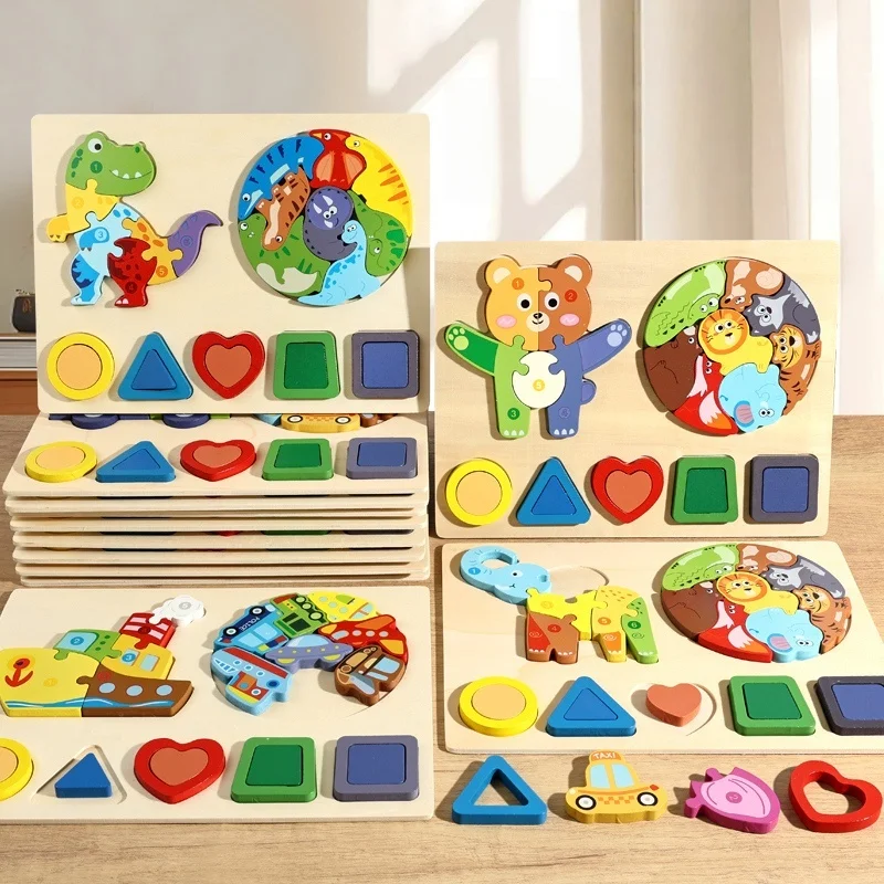 Kids Colorful 3D Puzzles Montessori Games Cartoon Animals Jigsaw Puzzle Baby Educational Wooden Toys for Children Education