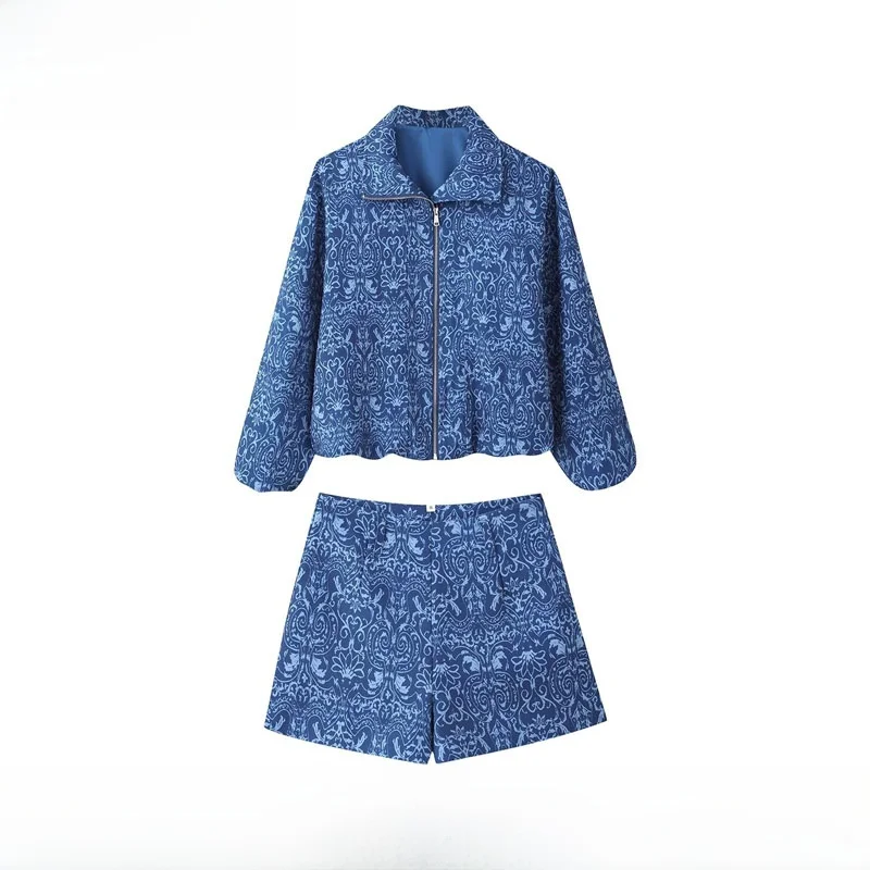 Early Autumn New Arrival Women's Fashion Versatile Walnut Print Jacket And Shorts Set Long Sleeve Zipper Closure Universal Fit