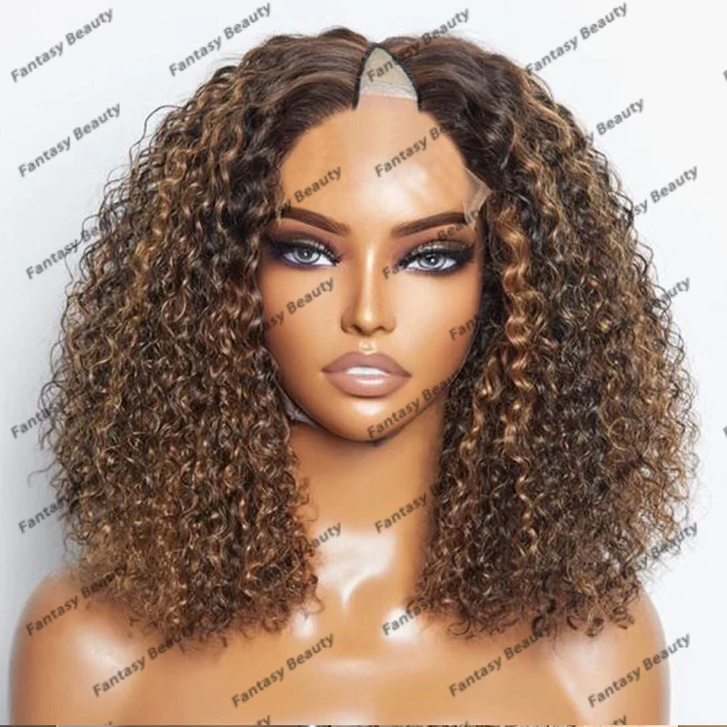 Glueless 1x4 Size V Part Human Hair Kinky Curly Highlight Blonde Wigs for Black Women Adjustable Middle U Part Wigs Full Ends