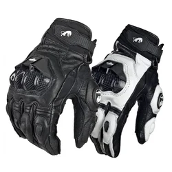 Guantes de cuero genuino para motocicleta para hombre, guante de equipo de carreras de carretera, pantalla táctil, color negro, blanco, verano e invierno