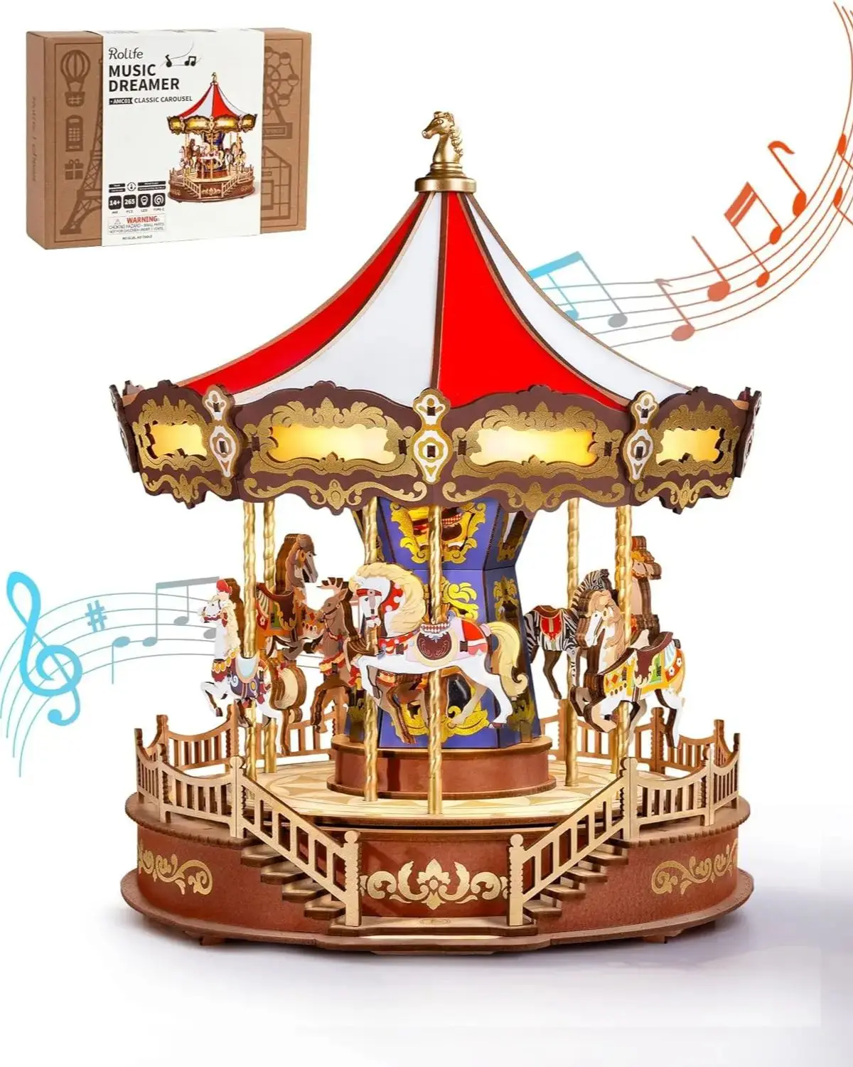 

Классическая карусель Rolife: 3D-пазл из дерева, музыкальная шкатулка DIY, набор для сборки миниатюрного домика с LED-подсветкой, набор для творчества для домашнего декора, подарок для взрослых