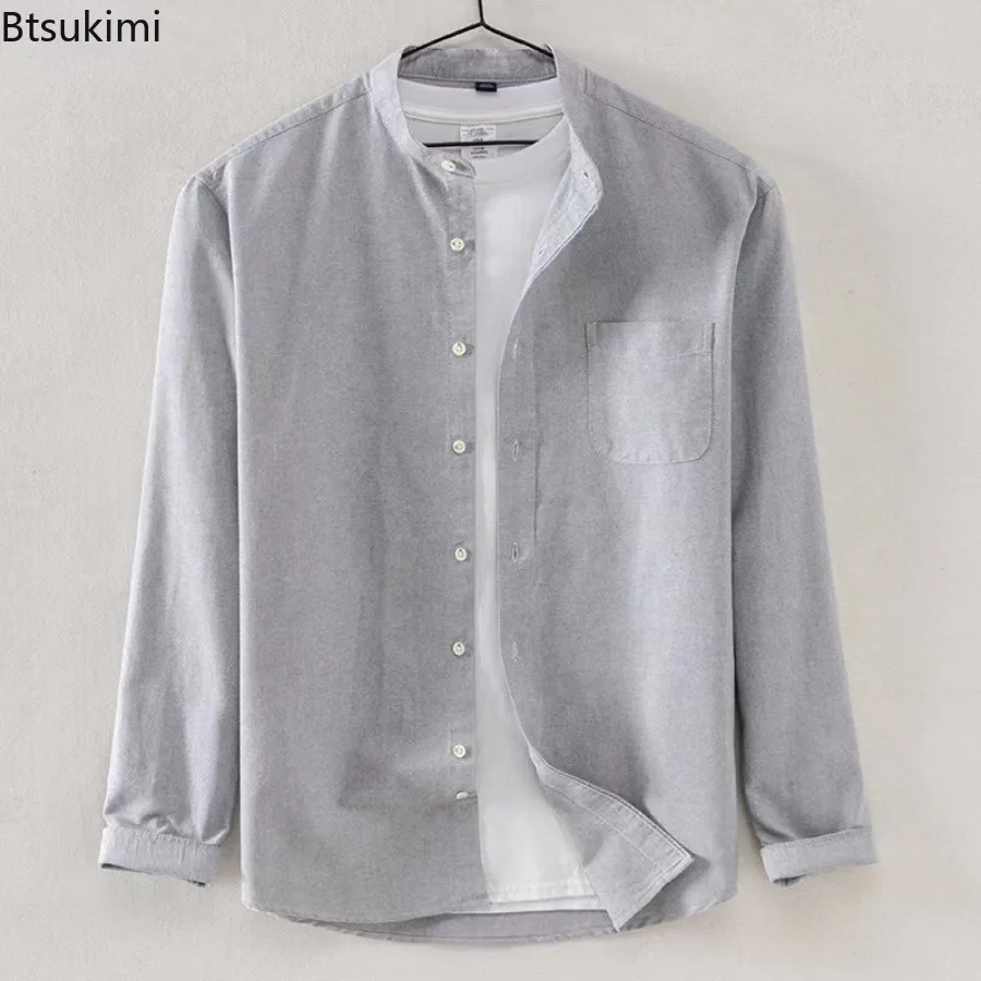 2025 جديد 100% القطن أكسفورد نسج القمصان للرجال النمط الصيني الوقوف طوق كم طويل قميص معاطف تنفس الرجال البلوزات غير رسمية #2