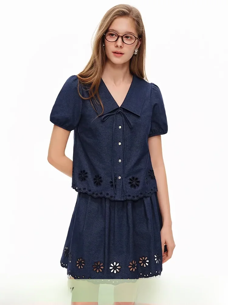 

Sweet Denim Retro Casual Fashion Set Women's Unique Bundle Summer Shirt Half Skirt Two-Piece Suit Short Sleeve Floral Print