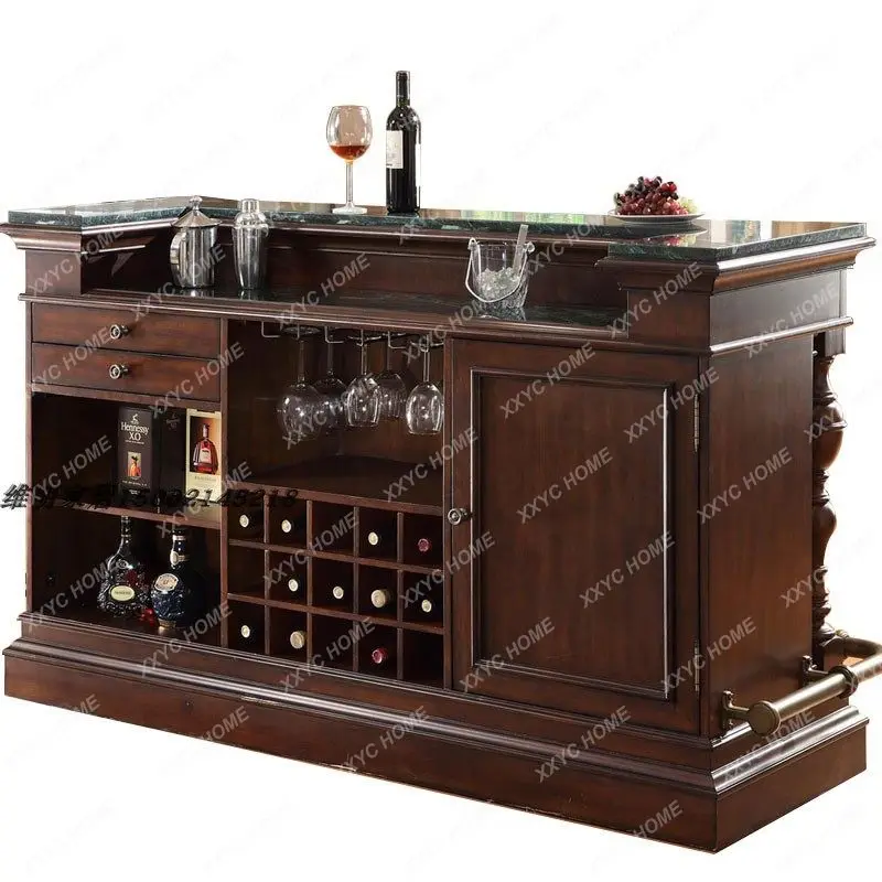 Vintage Solid Wood Wine Cabinet Marble Bar Table Home Partition Bar
