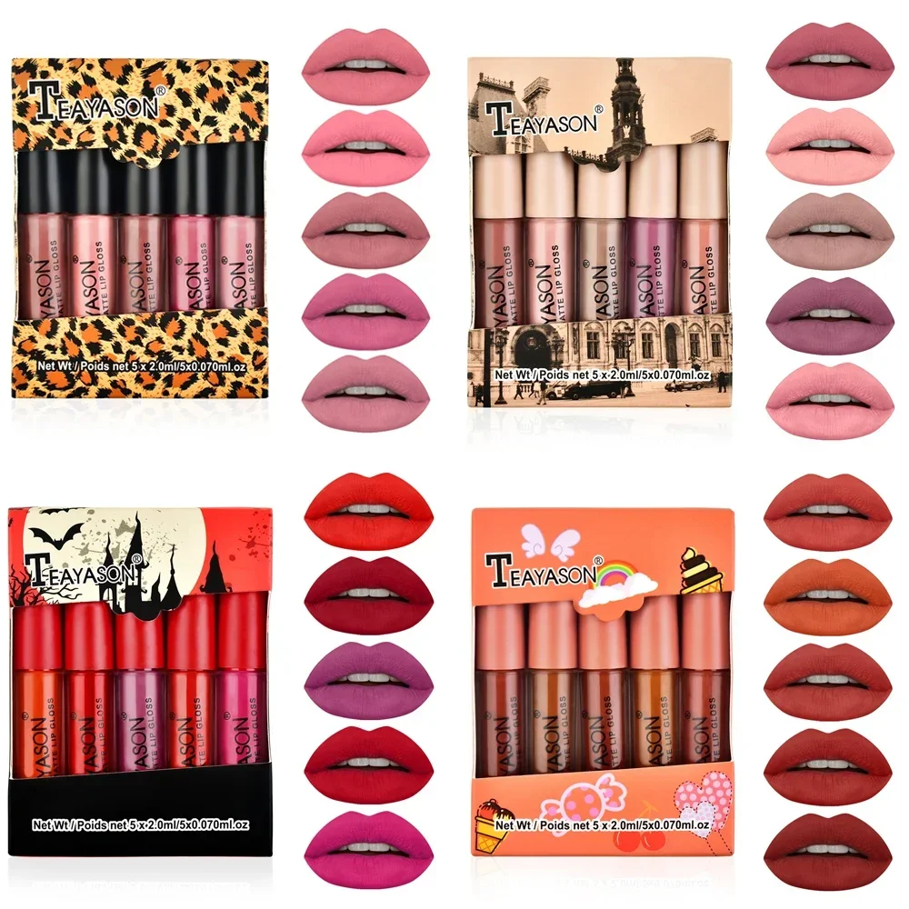 Pintalabios de terciopelo mate, lápiz labial Sexy, resistente al agua, maquillaje, cosméticos, 5 unidades por Set