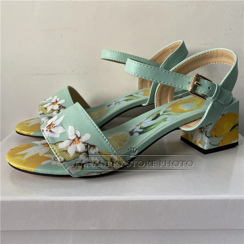 Stampa fiore sandali con un cinturino donna tacco quadrato in vera pelle Open Toe Outwear scarpe estive per ragazze