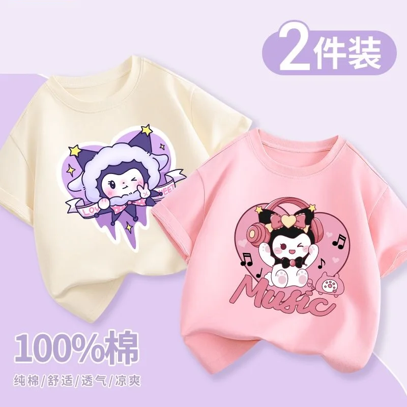 Camiseta infantil de algodão sanrioed Kuromi Cinnamoroll, blusa com gola redonda, manga curta, roupas casuais, verão, nova, 2 peças