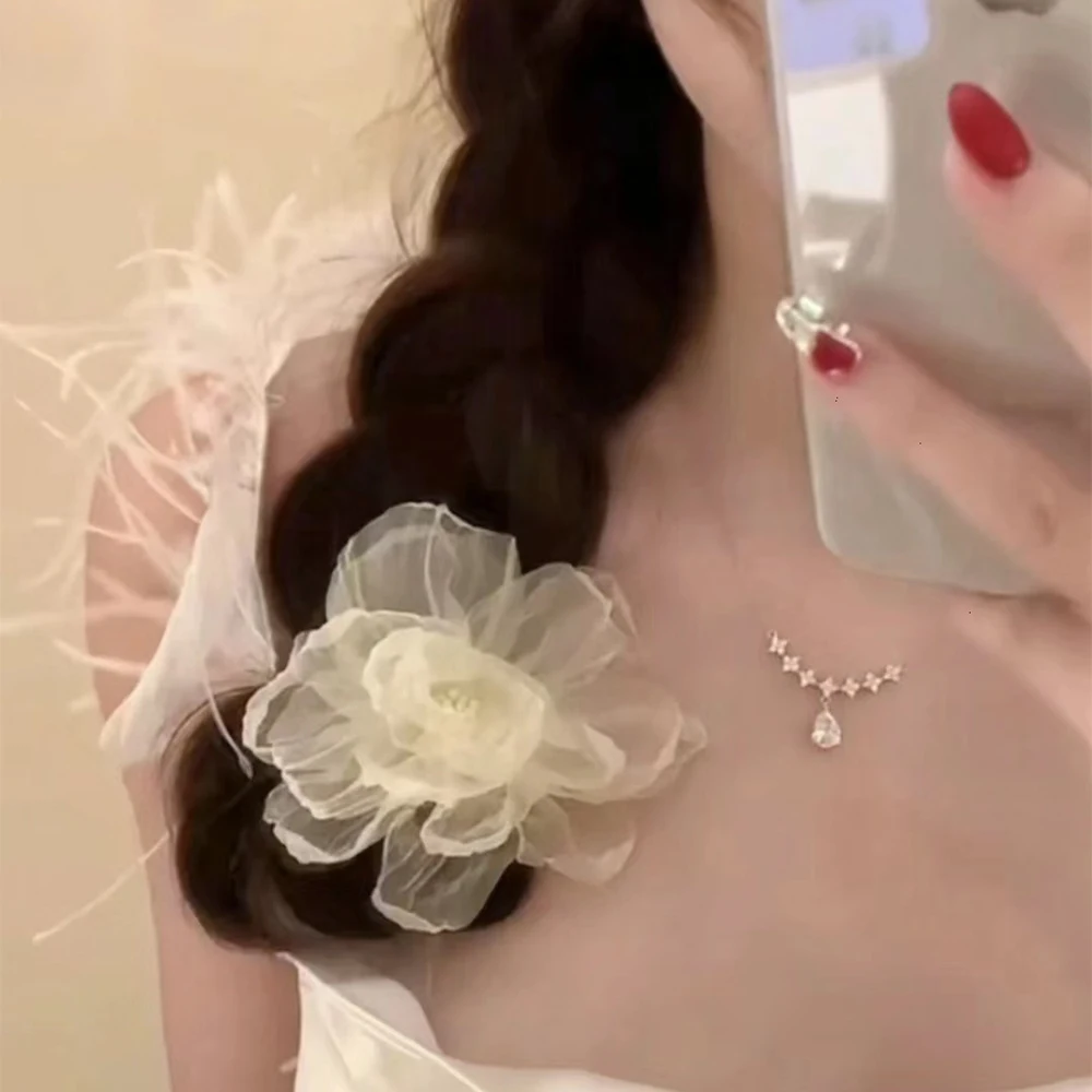 2pcs Organza Handmade Simulated Hairpins Rose Fabric Flowers Hairpin Sweet Hair Accessories Girls Three-dimensional Side Clips