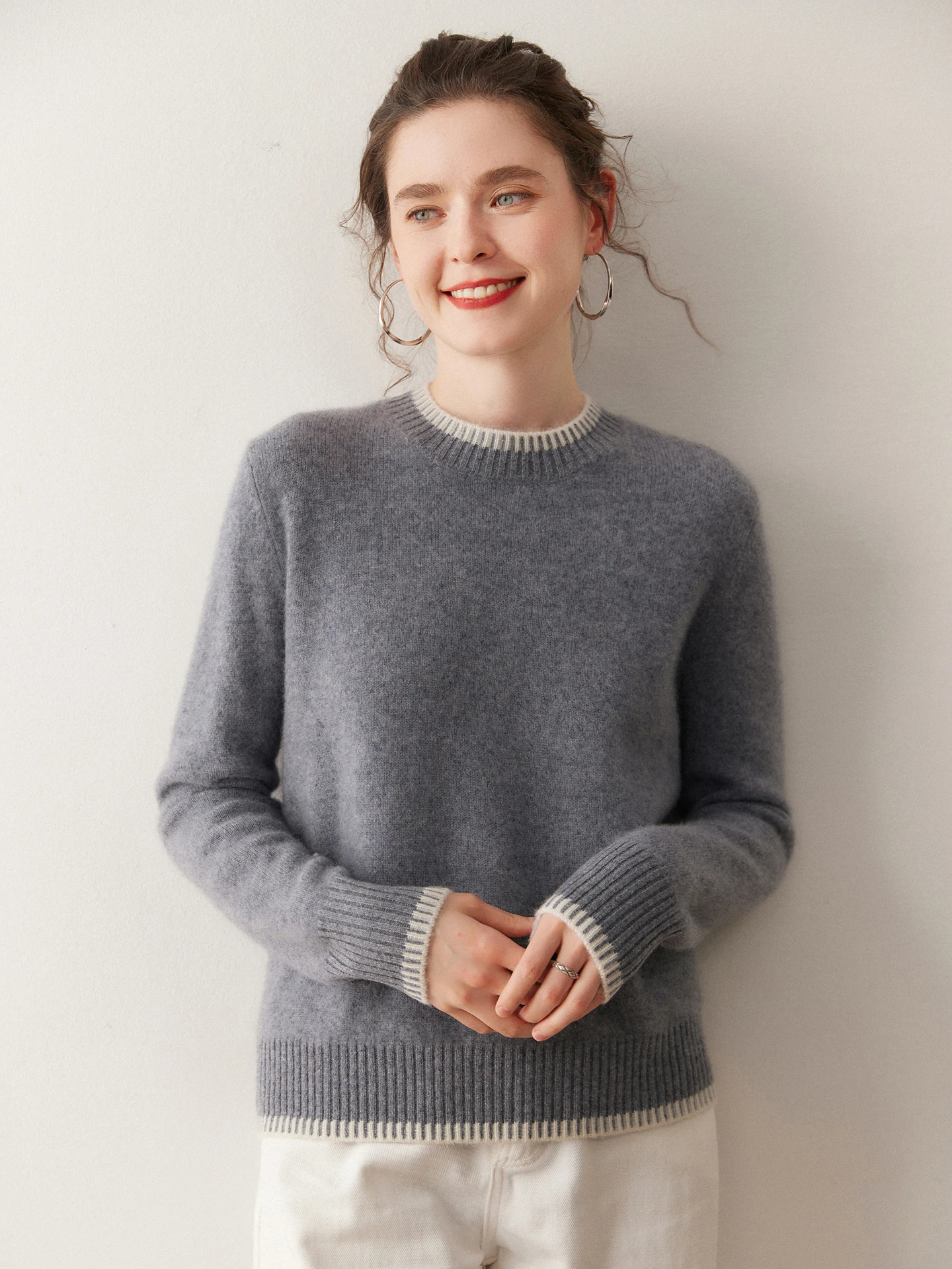 TLOML Women 100% Cashmere Sweater O-neck Color Blocking Pullover Autumn Winter High Quality Thicken Simple Cashmere Knitwear Top